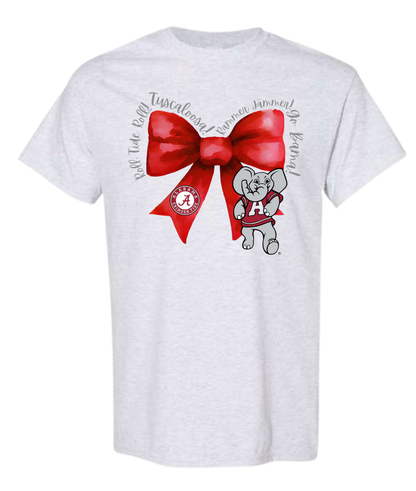 Rammer Jammer Alabama Bow T-Shirt with elephant and red bow design.
