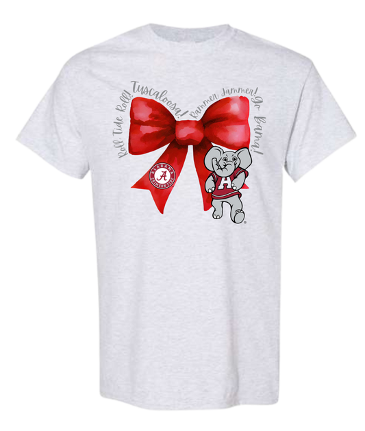 Rammer Jammer Alabama Bow T-Shirt with elephant and red bow design.