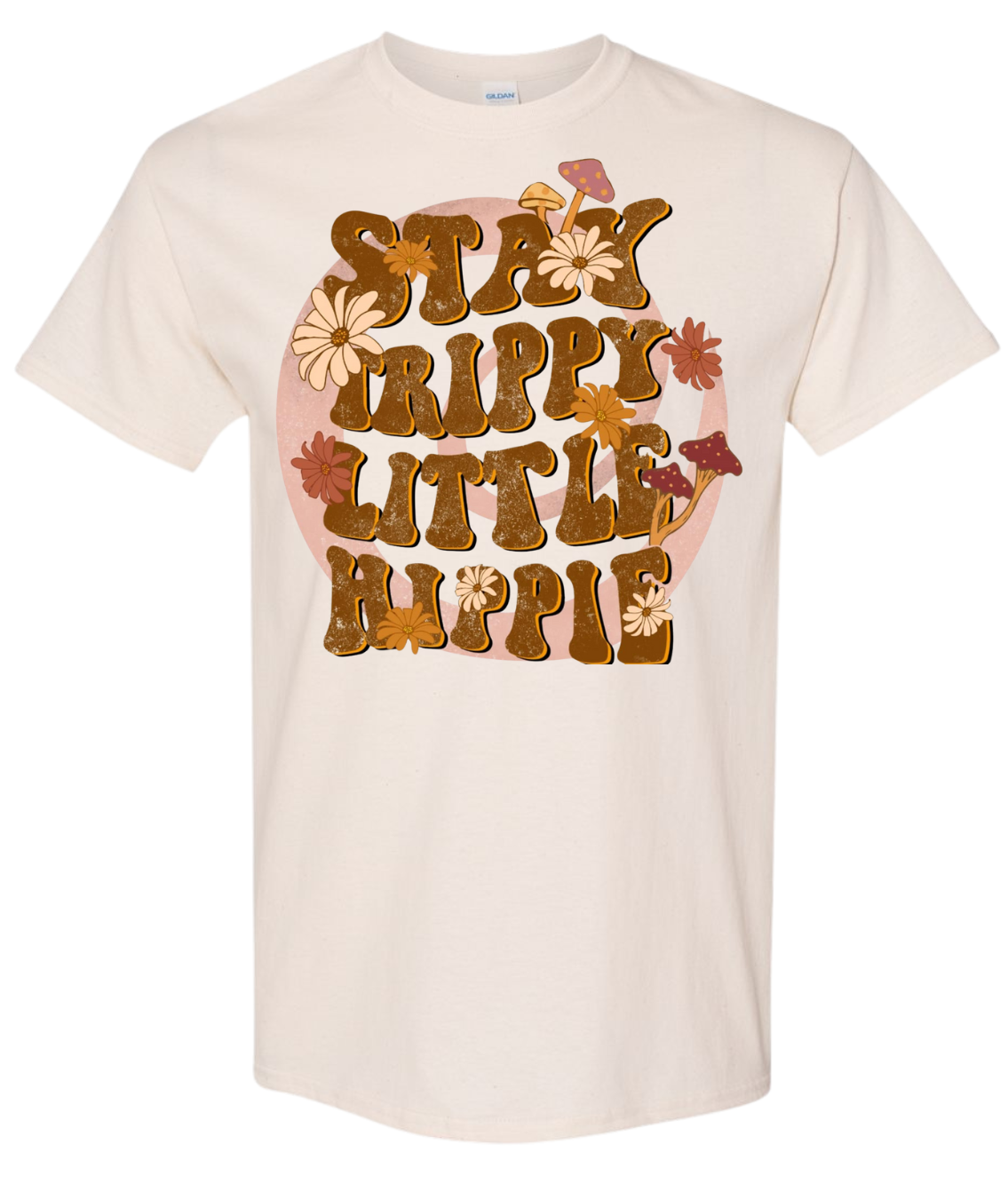 Stay Trippy Little Hippie T-shirt, Gildan brand, vintage floral design.