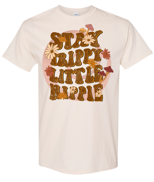 Stay Trippy Little Hippie T-shirt, Gildan brand, vintage floral design.