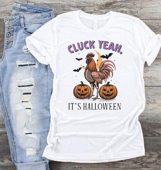 Cluck Yeah Halloween shirt with rooster and pumpkins design - perfect for chicken lovers.