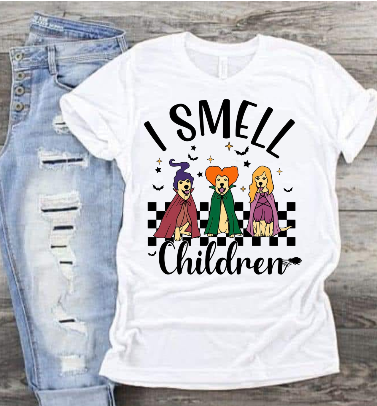 I Smell Children shirt with cartoon witches, perfect for coffee-loving magic adventures.
