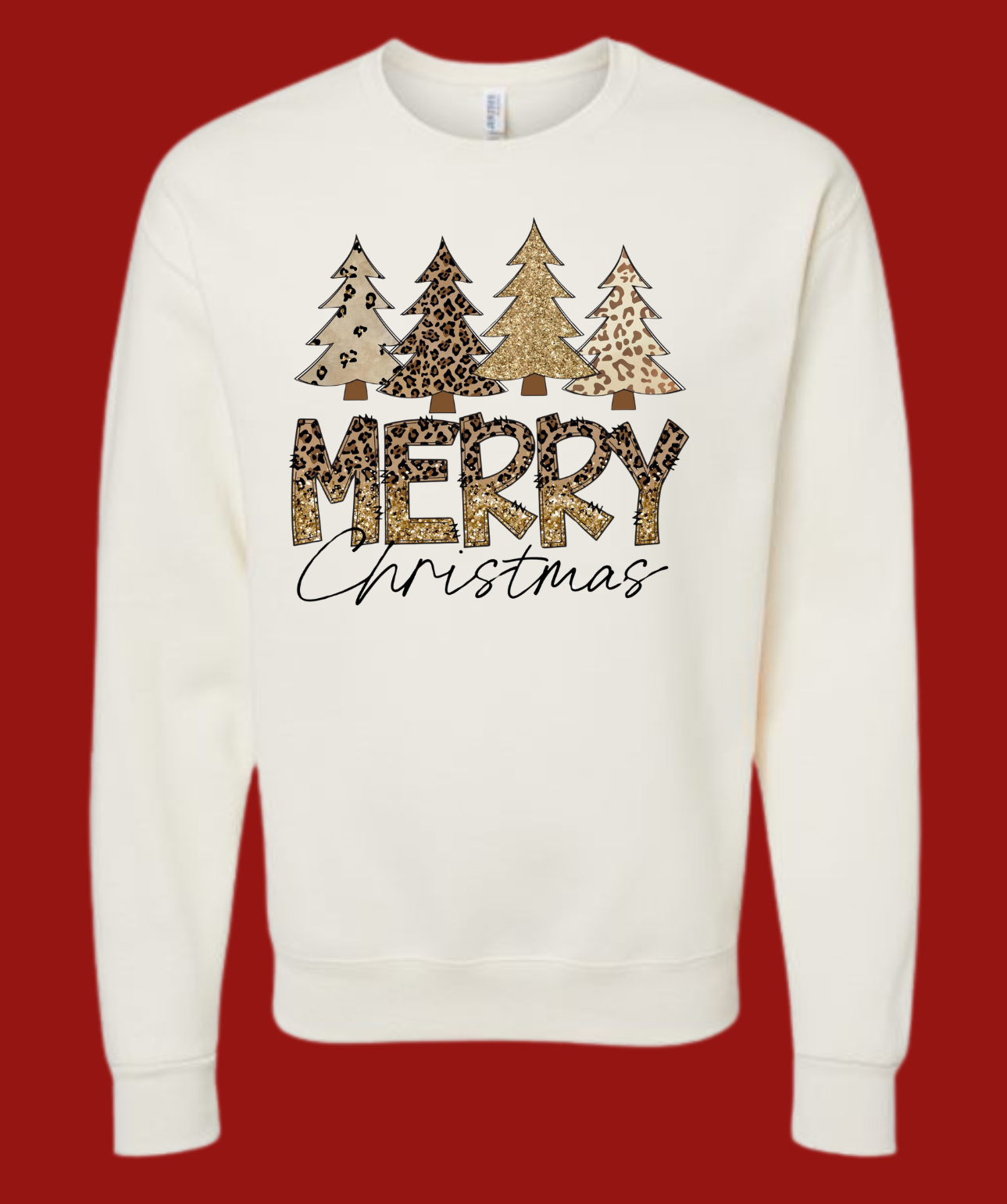 Merry Christmas shirt with brown Christmas tree design on white fabric.