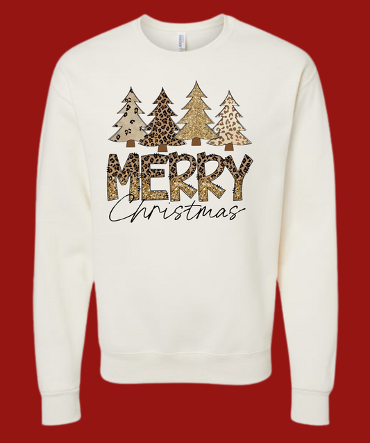 Merry Christmas shirt with brown Christmas tree design on white fabric.