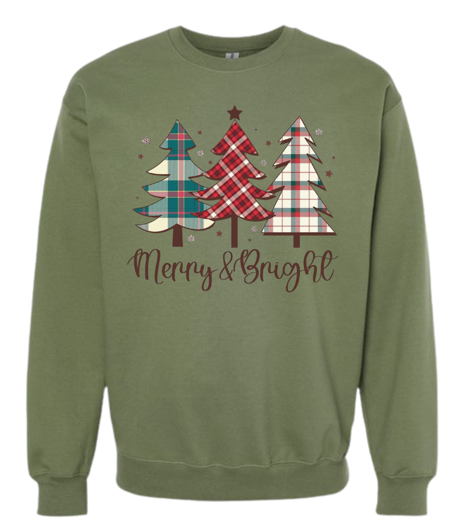 Plaid Christmas trees sweatshirt with "Merry & Bright" text.