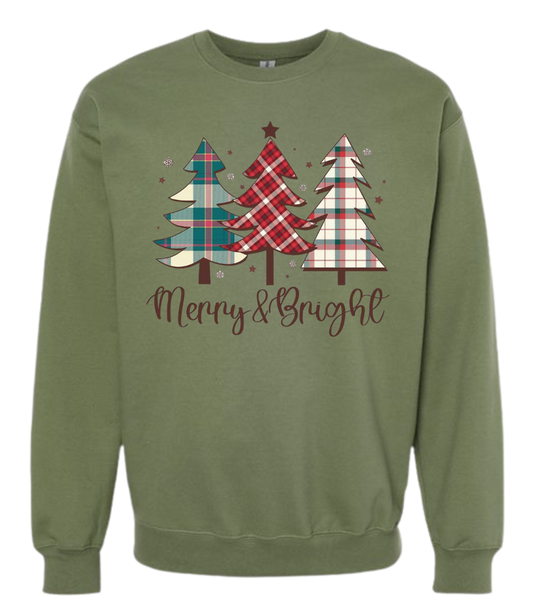 Plaid Christmas trees sweatshirt with "Merry & Bright" text.