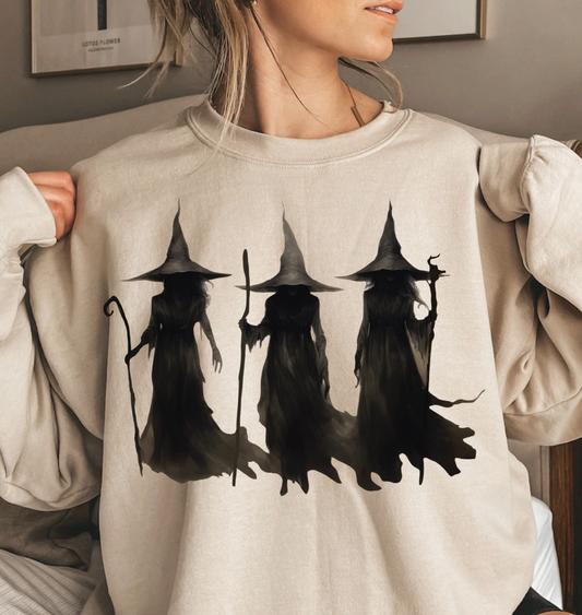 Three Witches shirt featuring a trio of witches in black robes and hats.