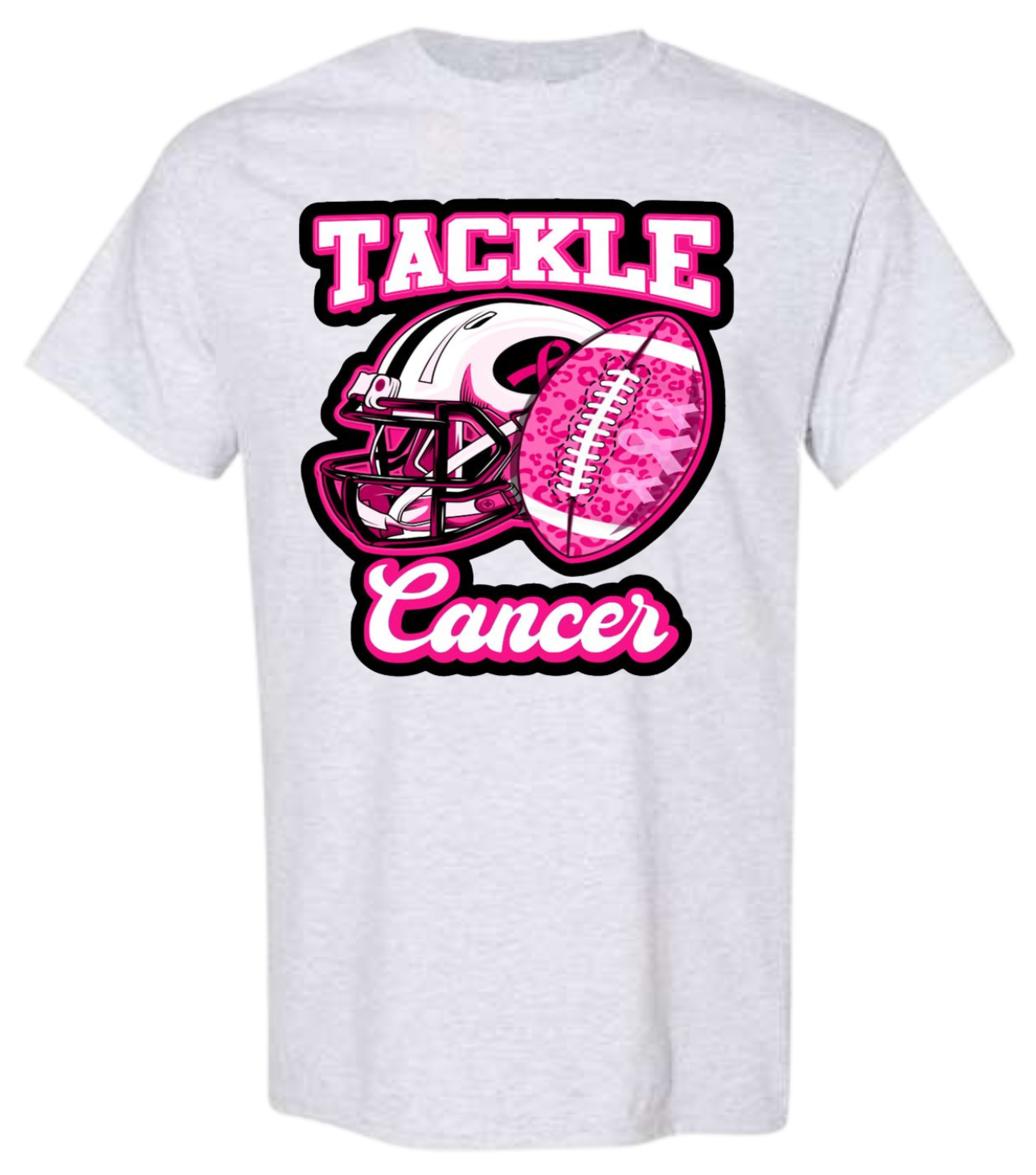 Tackle Cancer shirt with football and helmet design supporting cancer research.