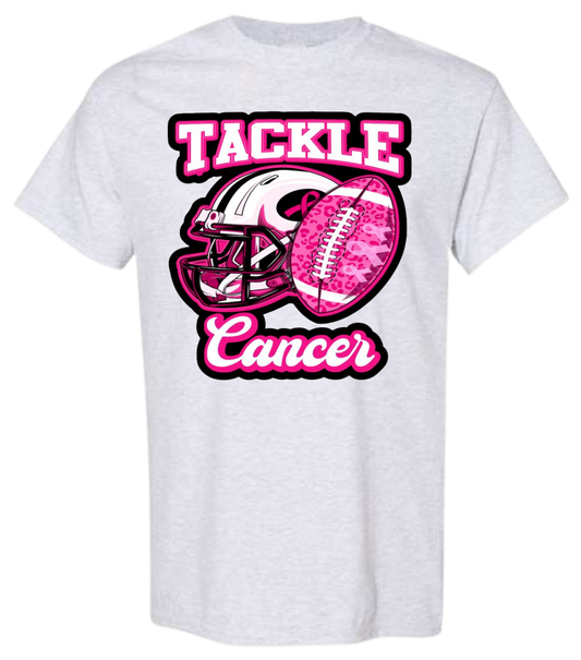 Tackle Cancer shirt with football and helmet design supporting cancer research.