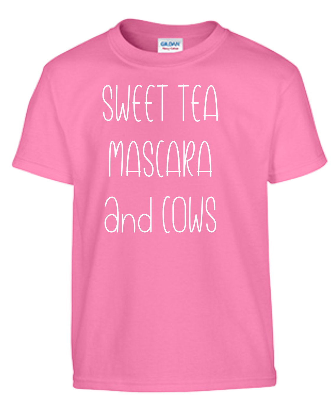 Pink t-shirt with "Sweet Tea Mascara and Cows" design.