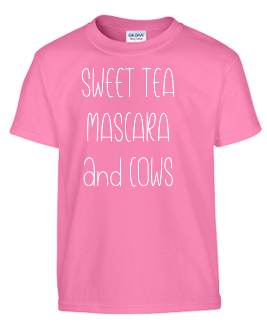 Pink t-shirt with "Sweet Tea Mascara and Cows" design.