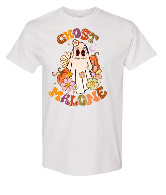 Retro Halloween 'Ghost Malone' t-shirt with quirky ghost design.