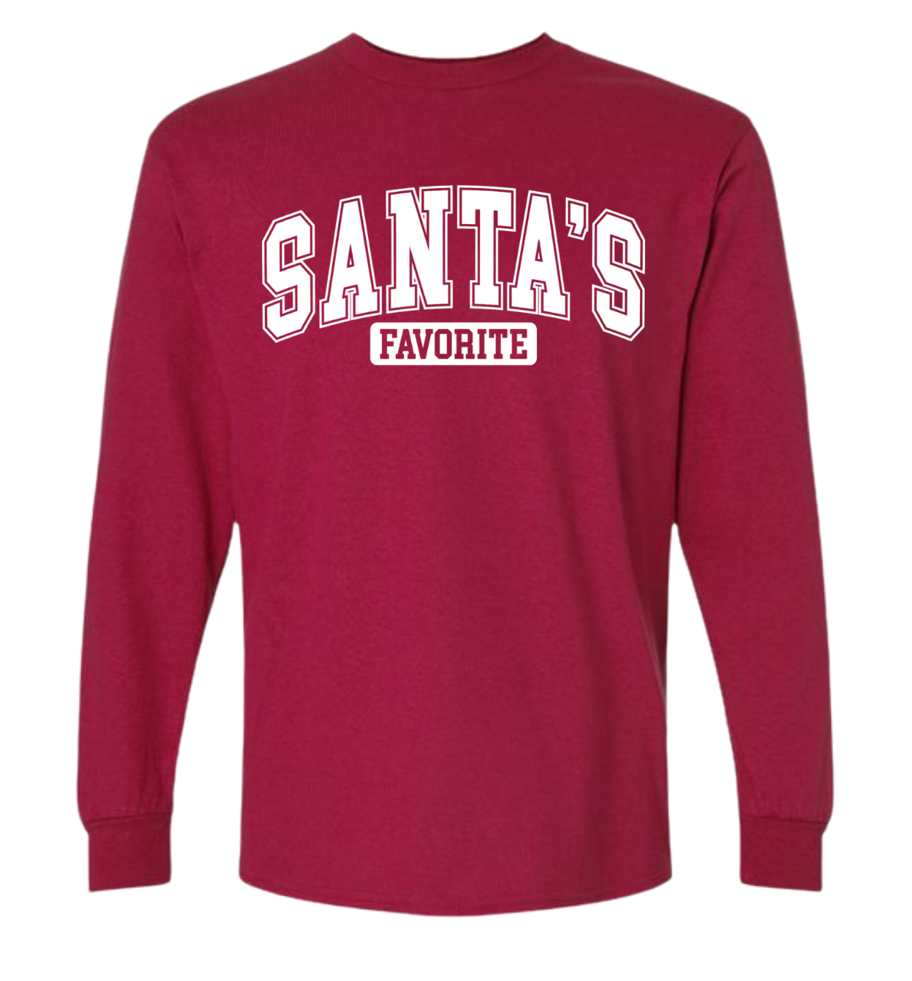 Santa's Favorite red shirt with white text, perfect for holiday wear.