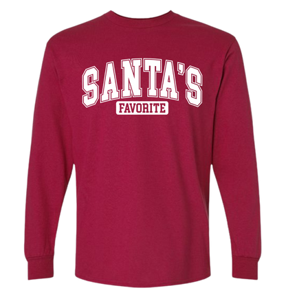 Santa's Favorite red shirt with white text, perfect for holiday wear.