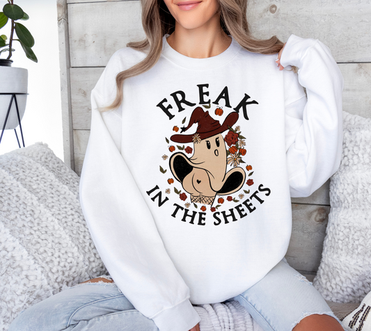 Freak In The Sheets shirt featuring a cute ghost and fall theme, perfect for Halloween.