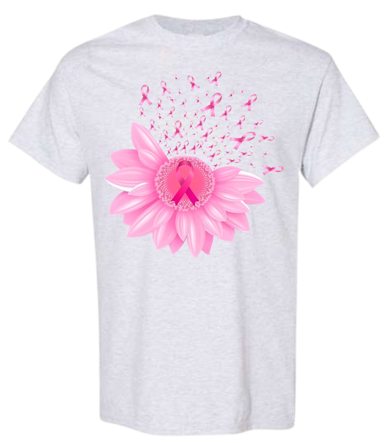 Breast Cancer Awareness shirt with pink ribbons and sunflower design.