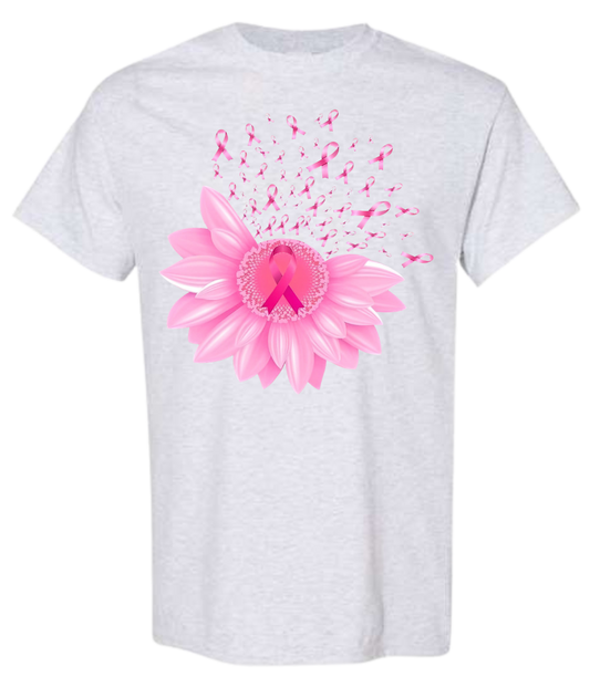 Breast Cancer Awareness shirt with pink ribbons and sunflower design.