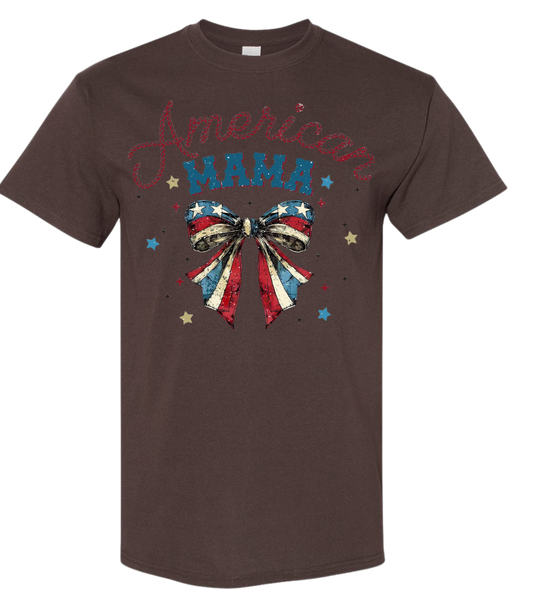 American Mama t-shirt with colorful bow and stars design.