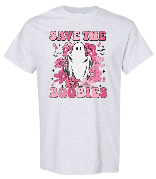 T-shirt with "Save The Boobies" text and ghost design surrounded by pink flowers.