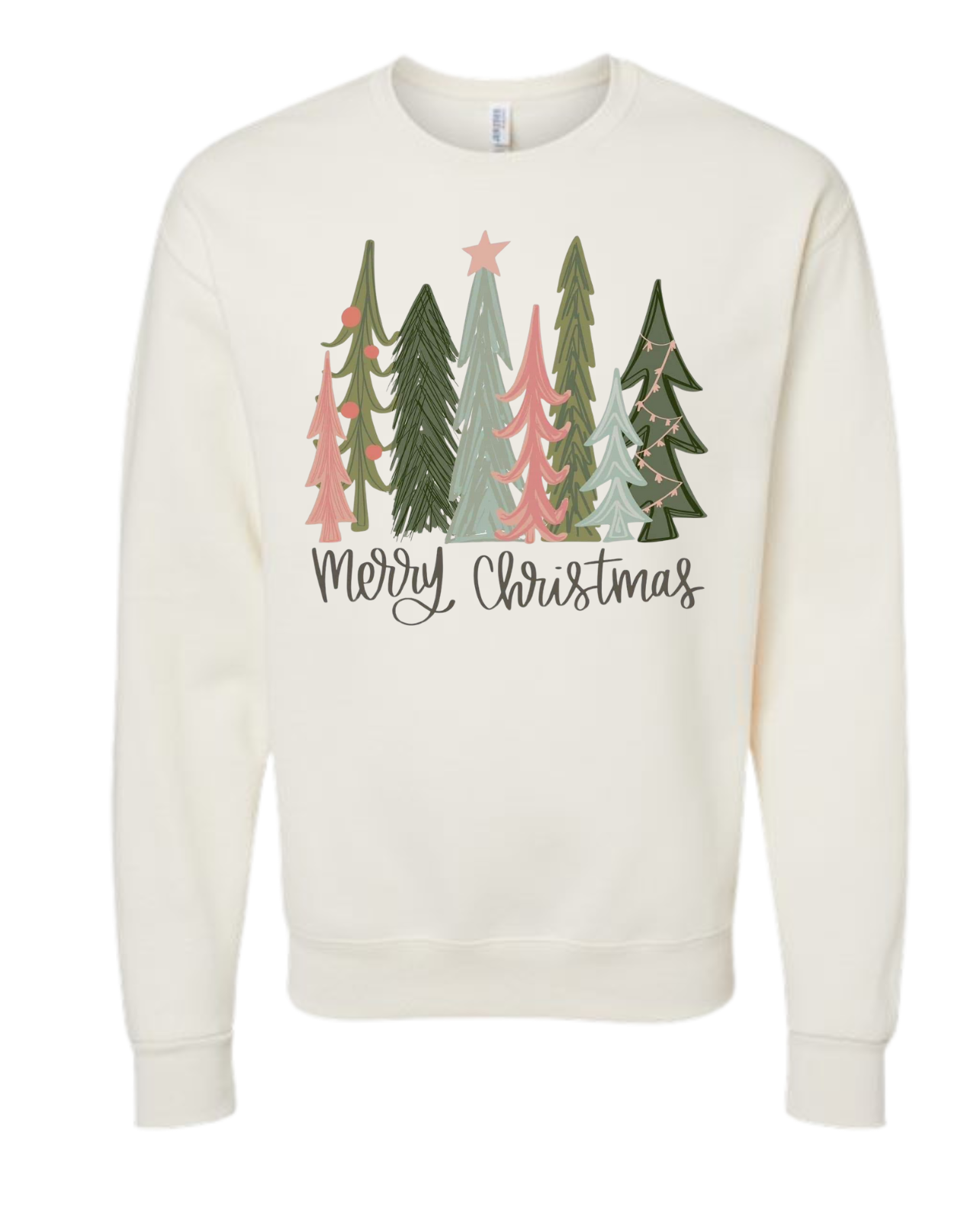 Merry Christmas shirt with pastel colors and Christmas tree design.