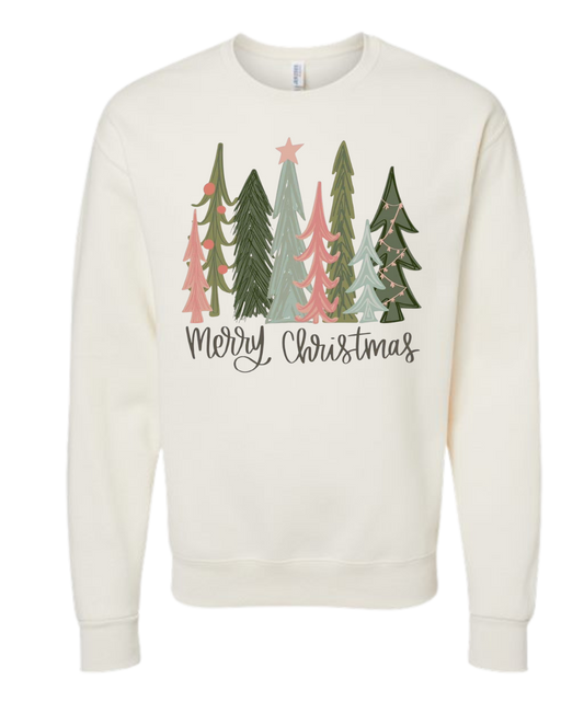 Merry Christmas shirt with pastel colors and Christmas tree design.