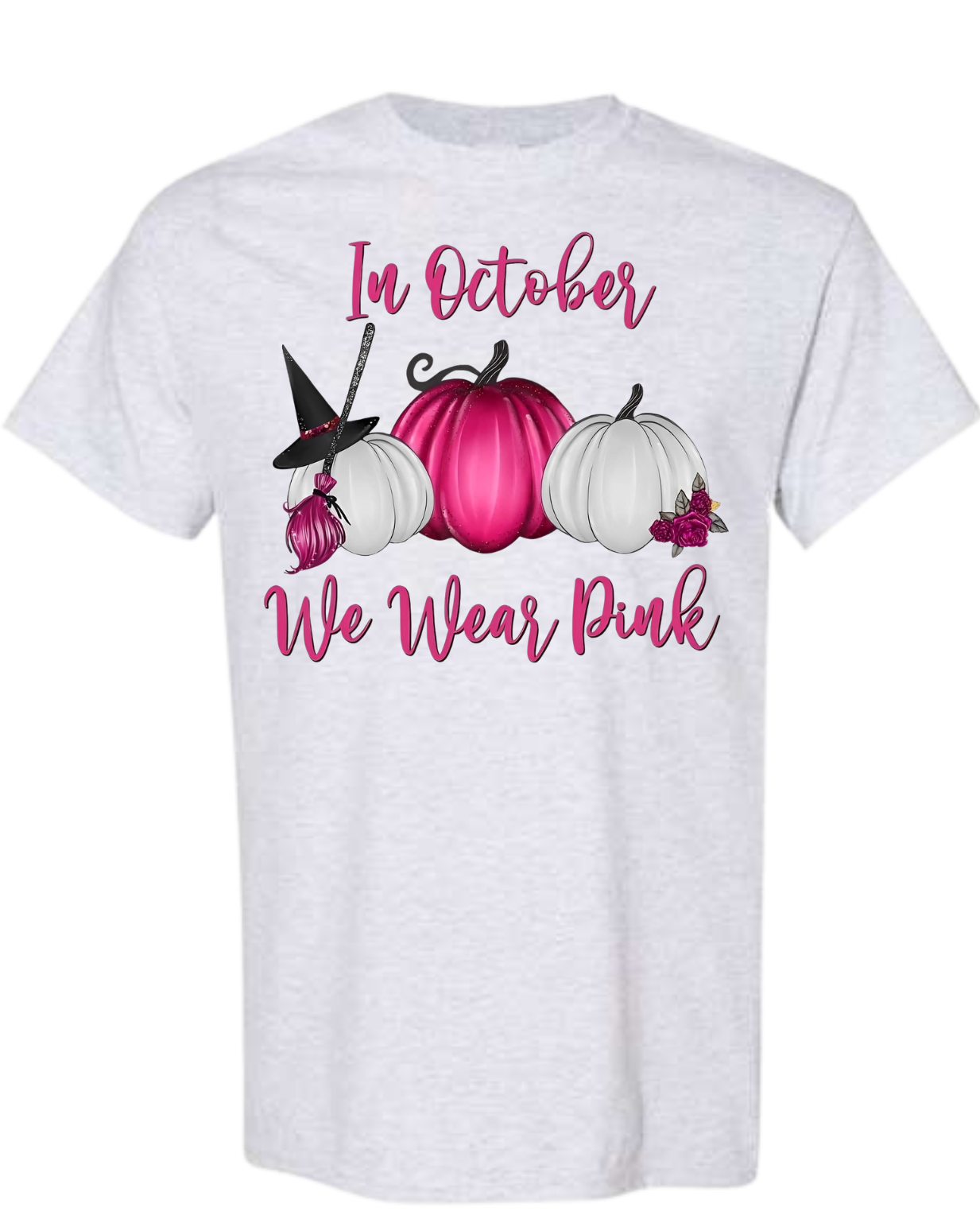 Pink pumpkin-themed t-shirt promoting breast cancer awareness with "In October We Wear Pink" message.
