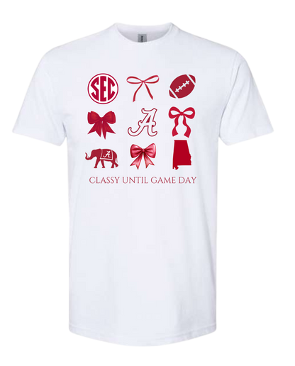 Alabama-Classy Until Game Day T-shirt with game day icons and 'Classy Until Game Day' text.