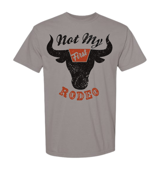 Not My First Rodeo t-shirt with cowboy graphic, Comfort Color brand.