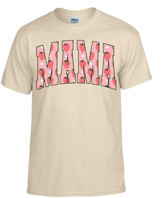 Mama Shirt with playful strawberry design on beige fabric, ideal for stylish moms.