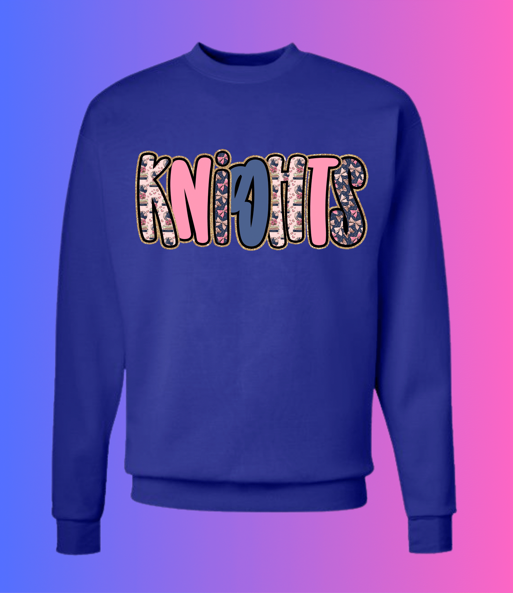 Blue sweatshirt with colorful pink and patterned "Knights" text design on front