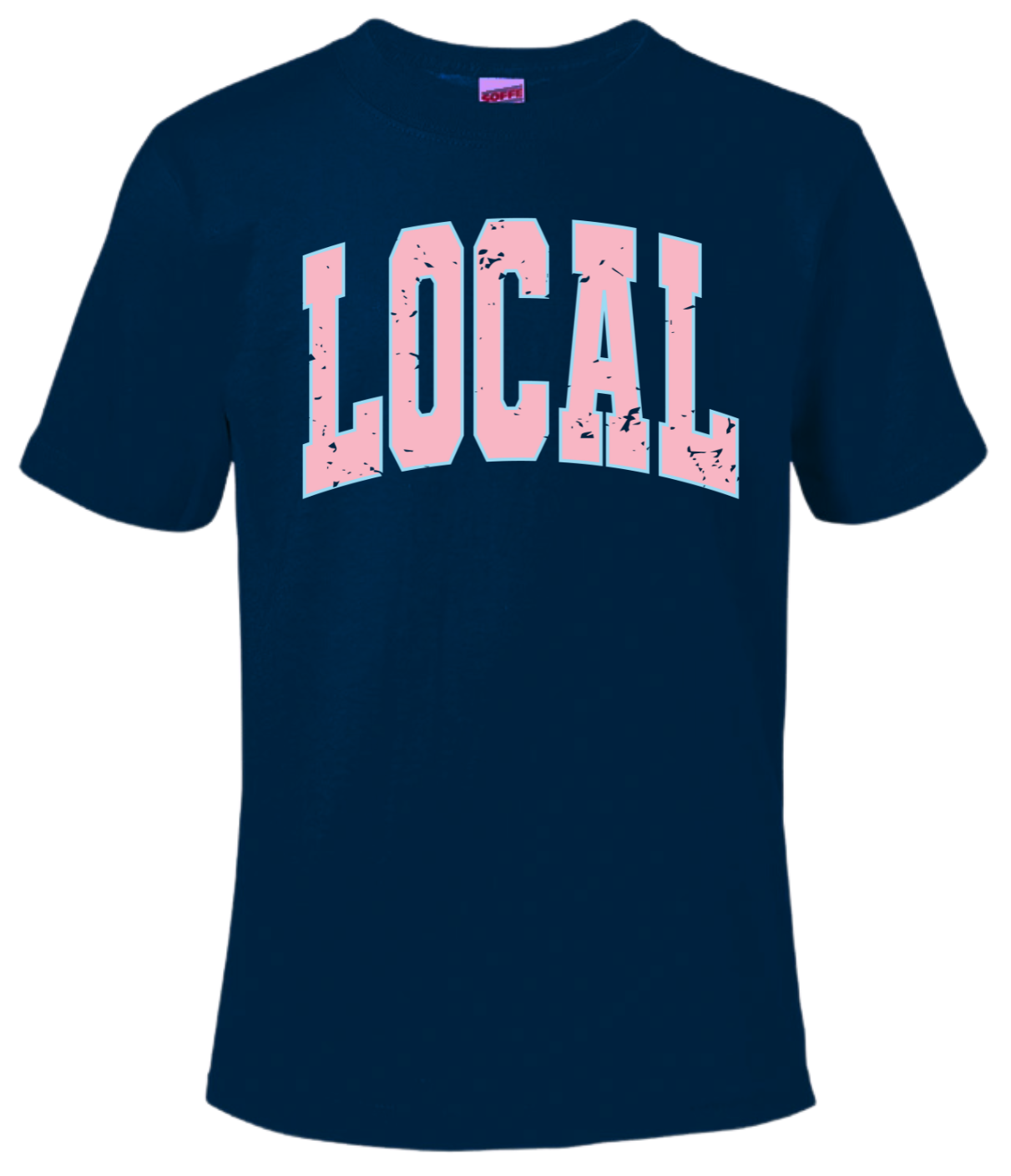 Local Tshirt in navy blue with bold pink lettering