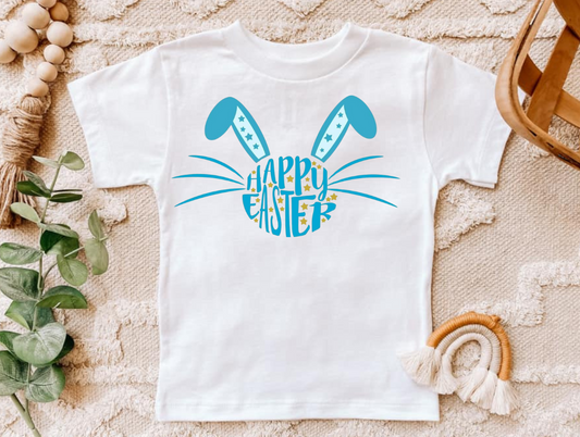 Happy Easter (Blue) shirt with playful design and comfortable fit for holiday celebrations.