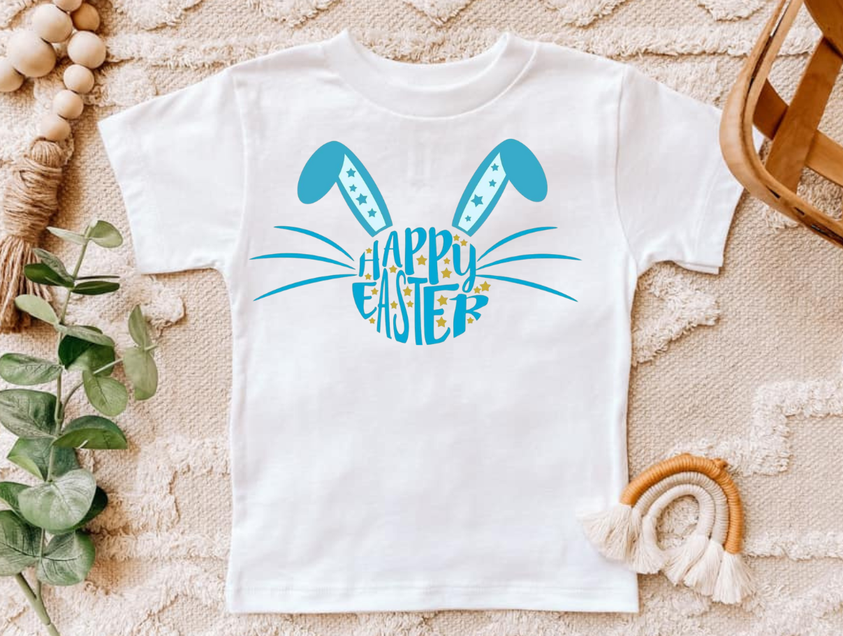 Happy Easter (Blue) shirt with playful design and comfortable fit for holiday celebrations.