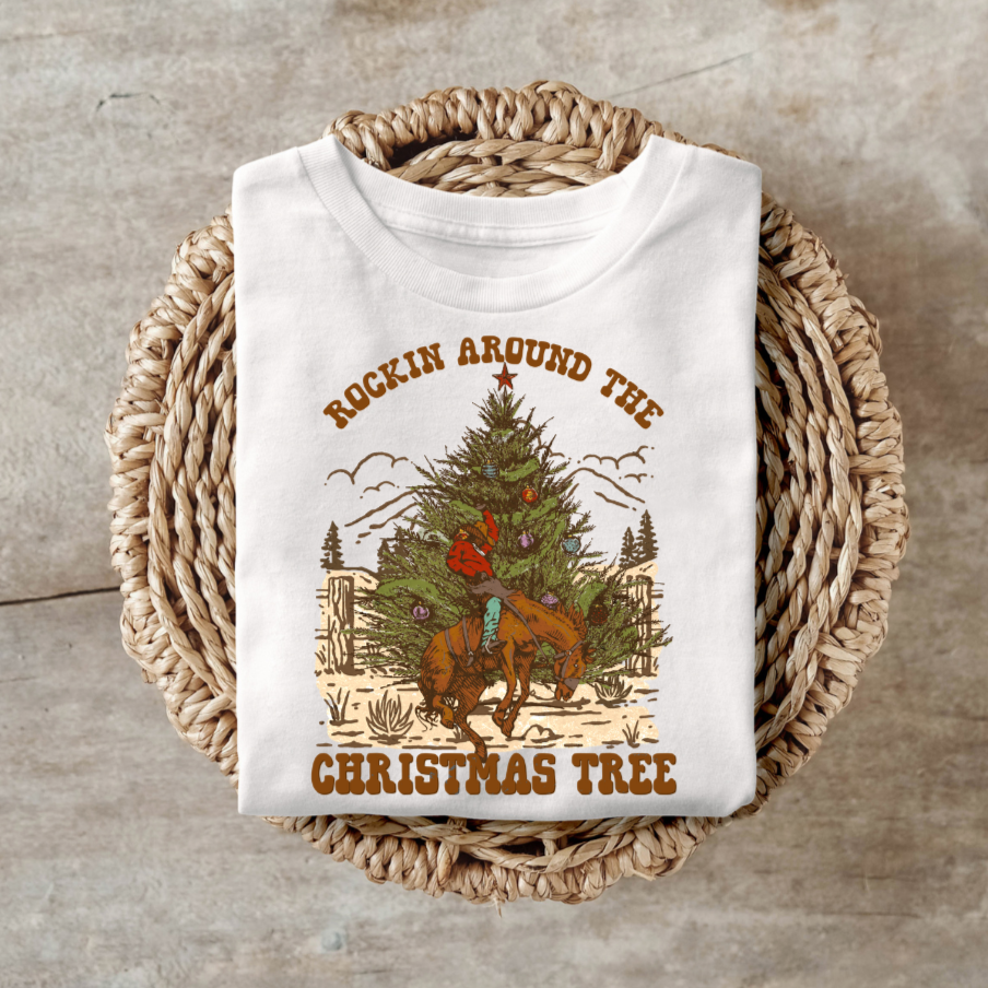 Rockin Around the Christmas Tree shirt with bronco tree graphic.