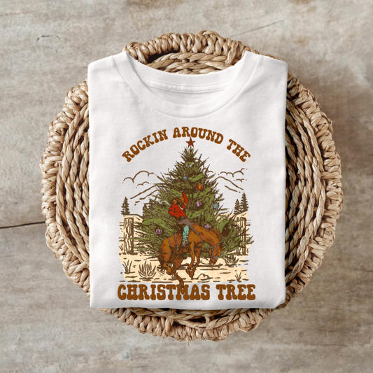 Rockin Around the Christmas Tree shirt with bronco tree graphic.