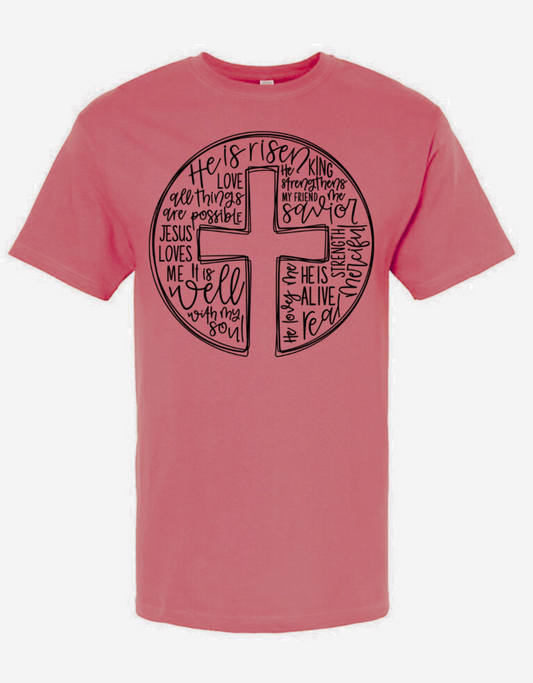 Risen (Black Ink) Gildan T-shirt with religious text design.