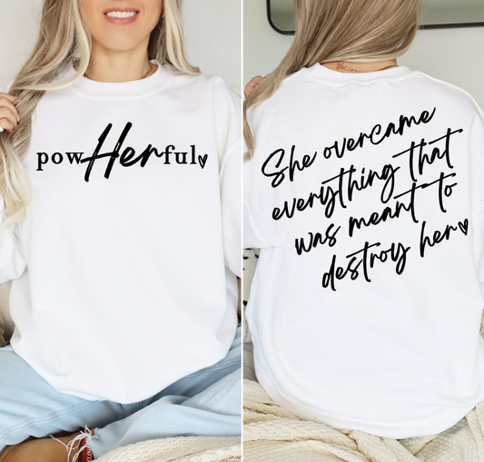 PowHerful - She Overcame T-shirt showcasing empowering message on white fabric.