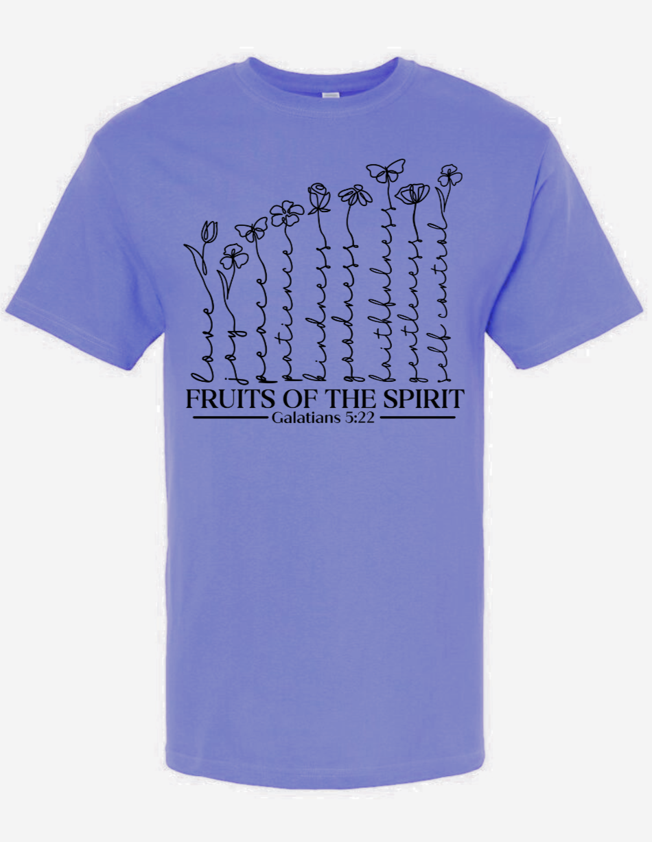 Fruits of the Spirit t-shirt with floral design, Gildan brand.
