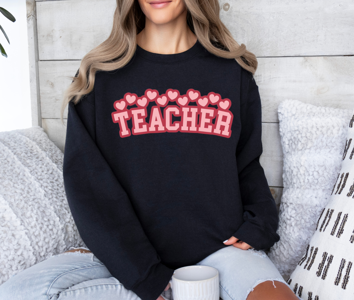 Teacher sweatshirt, Gildan brand, black with heart design, 50/50 blend or 100% cotton.