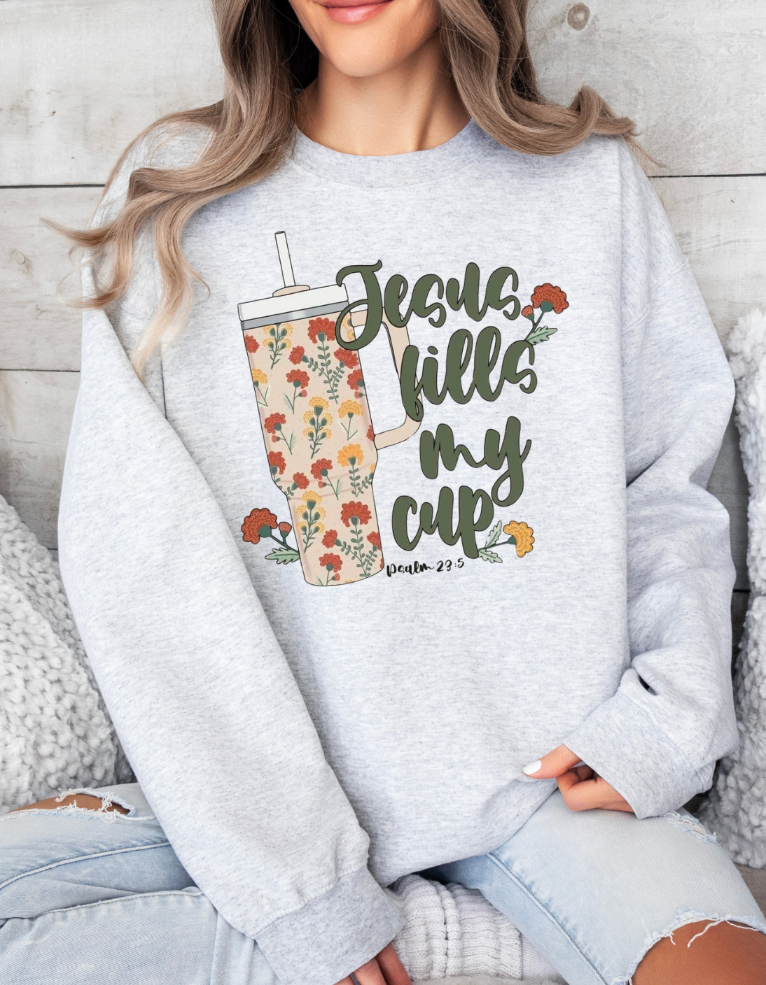 Jesus Fills My Cup t-shirt with playful design in green.