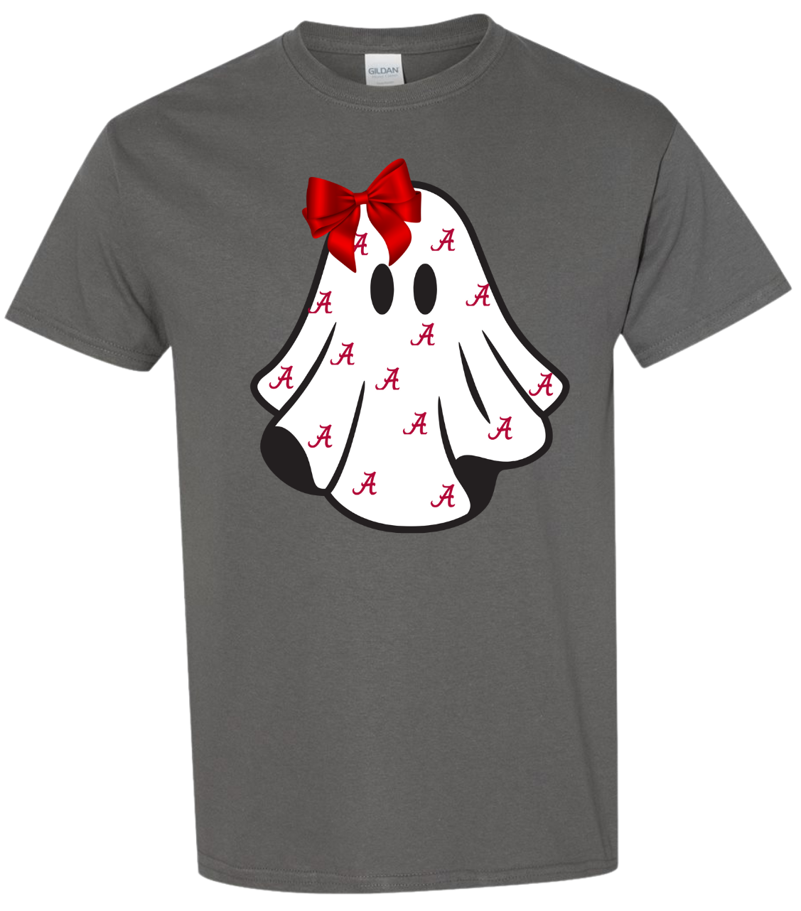 Alabama Ghost with Bow shirt featuring playful ghost design with red bow on gray fabric.
