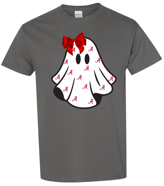 Alabama Ghost with Bow shirt featuring playful ghost design with red bow on gray fabric.
