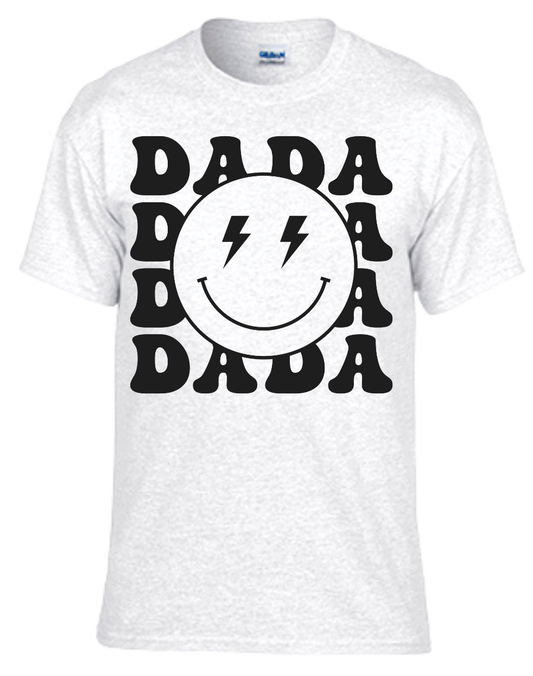 Dada Tshirt with playful Smiley Face design on white fabric.
