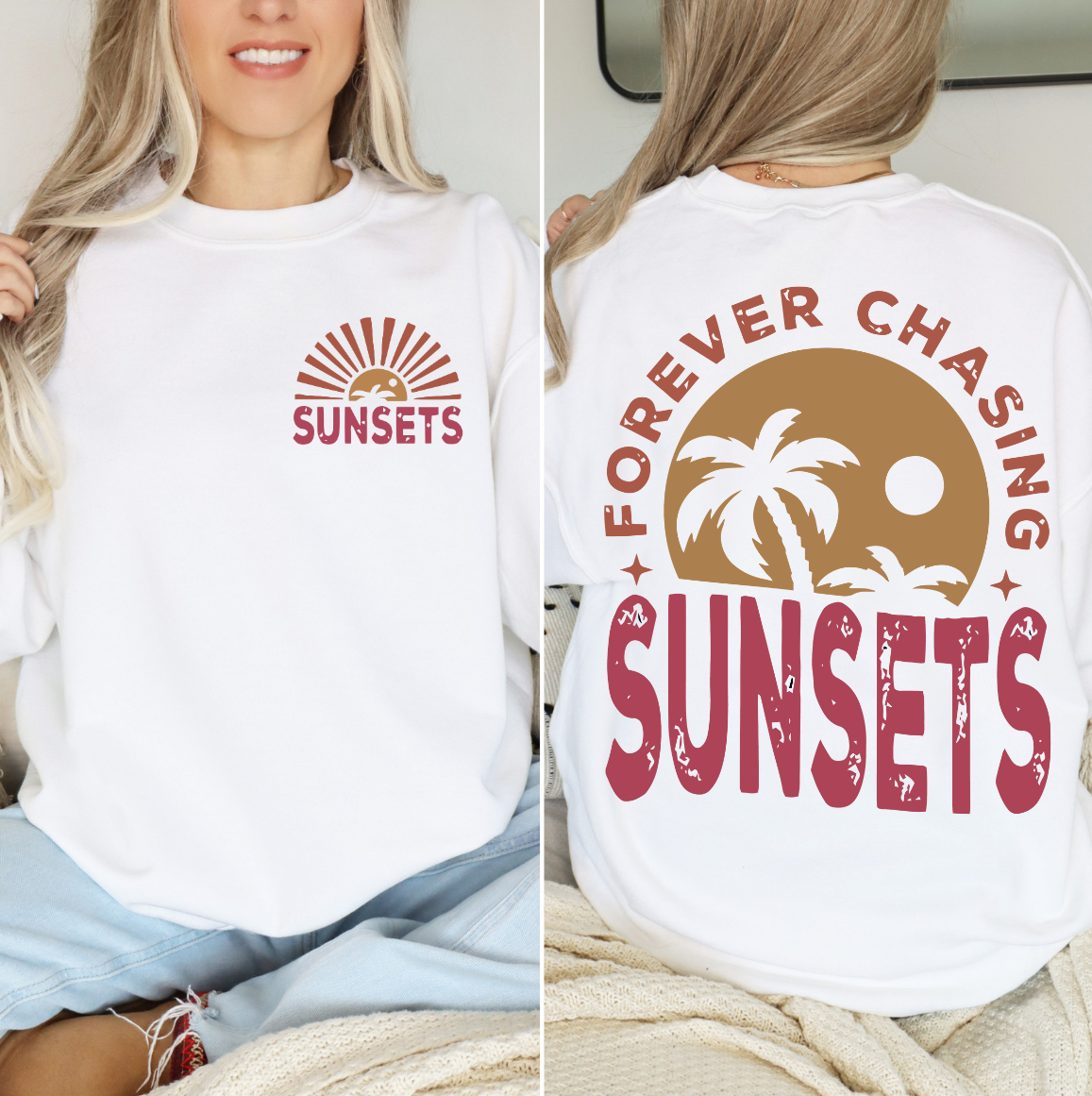 Forever Chasing Sunsets sweatshirt with vibrant sunset and palm tree design.