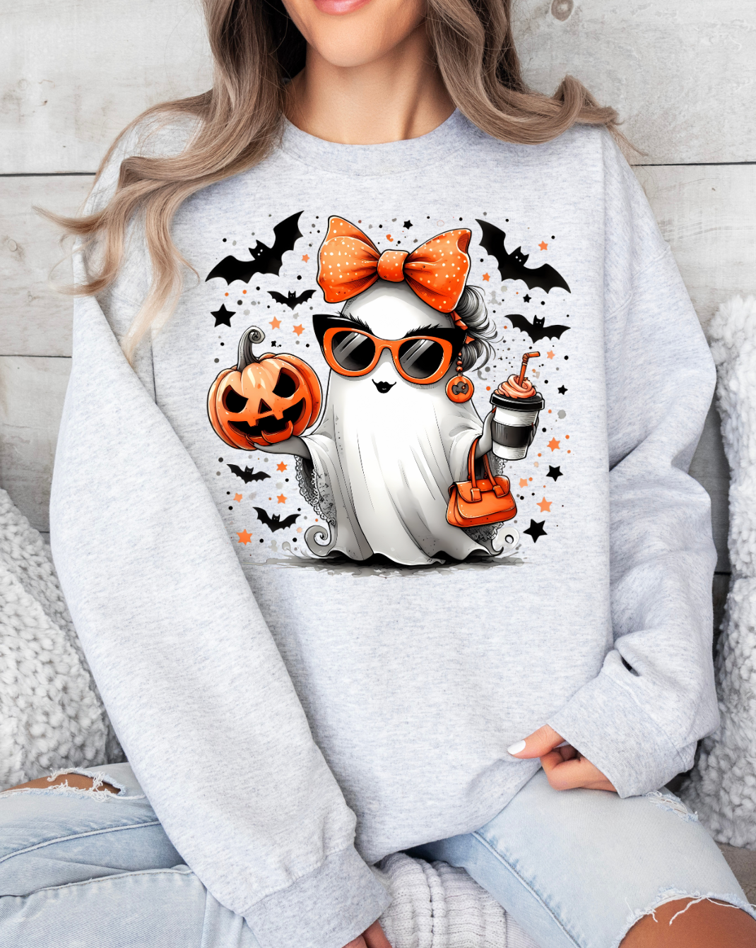 Ghost with Coffee shirt featuring a spooky ghost holding coffee, perfect for Halloween and coffee lovers.