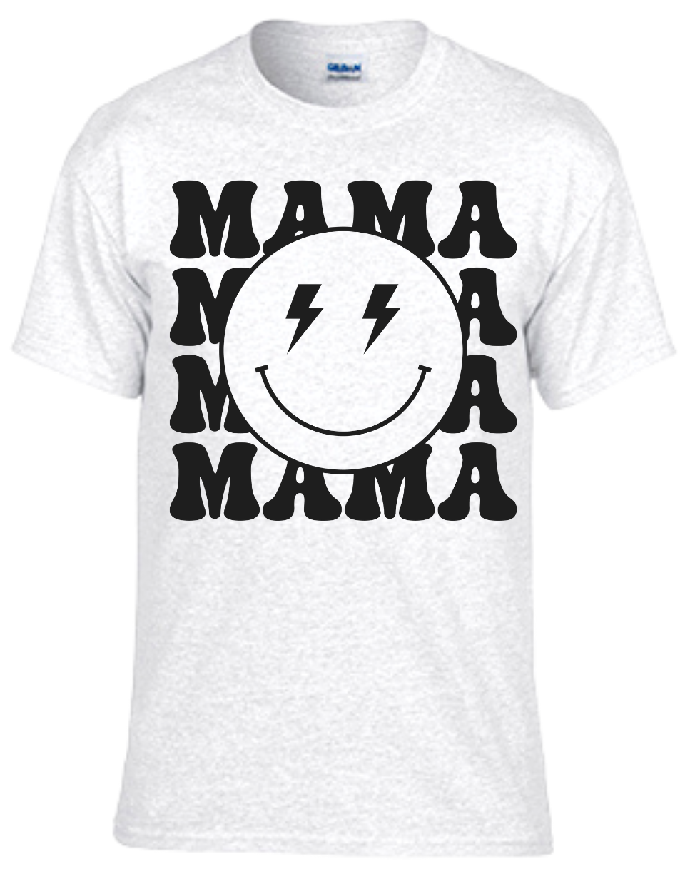 Mama T-shirt with smiley face design and playful lettering.