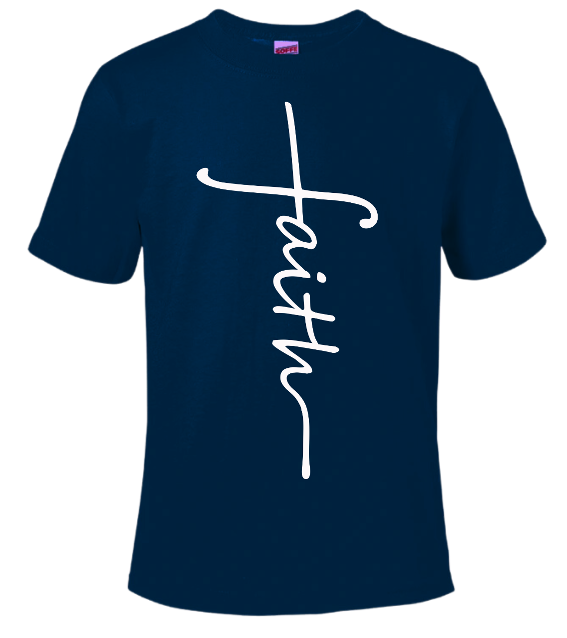 Faith Tshirt with white script on navy blue background.