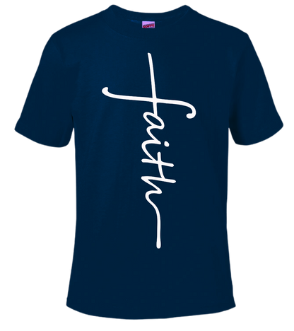 Faith Tshirt with white script on navy blue background.