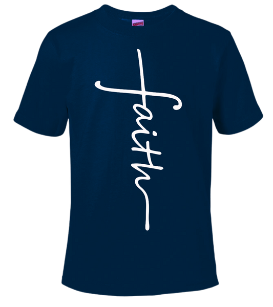 Faith Tshirt with white script on navy blue background.