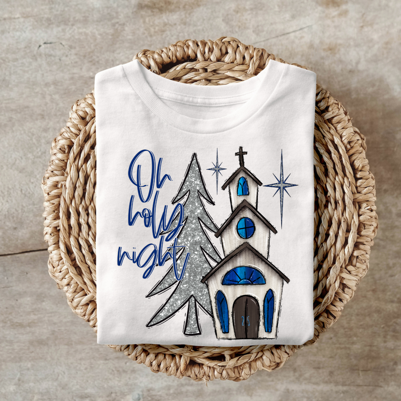 Holy Night (Blue) shirt with festive Christmas carol design.